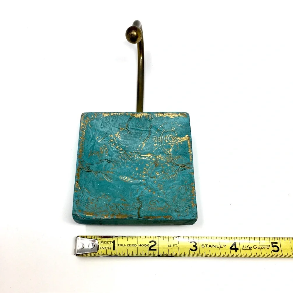 Pair of Victorian Inspired Square Turquoise Gold Paisley and Skeleton Key Hooks